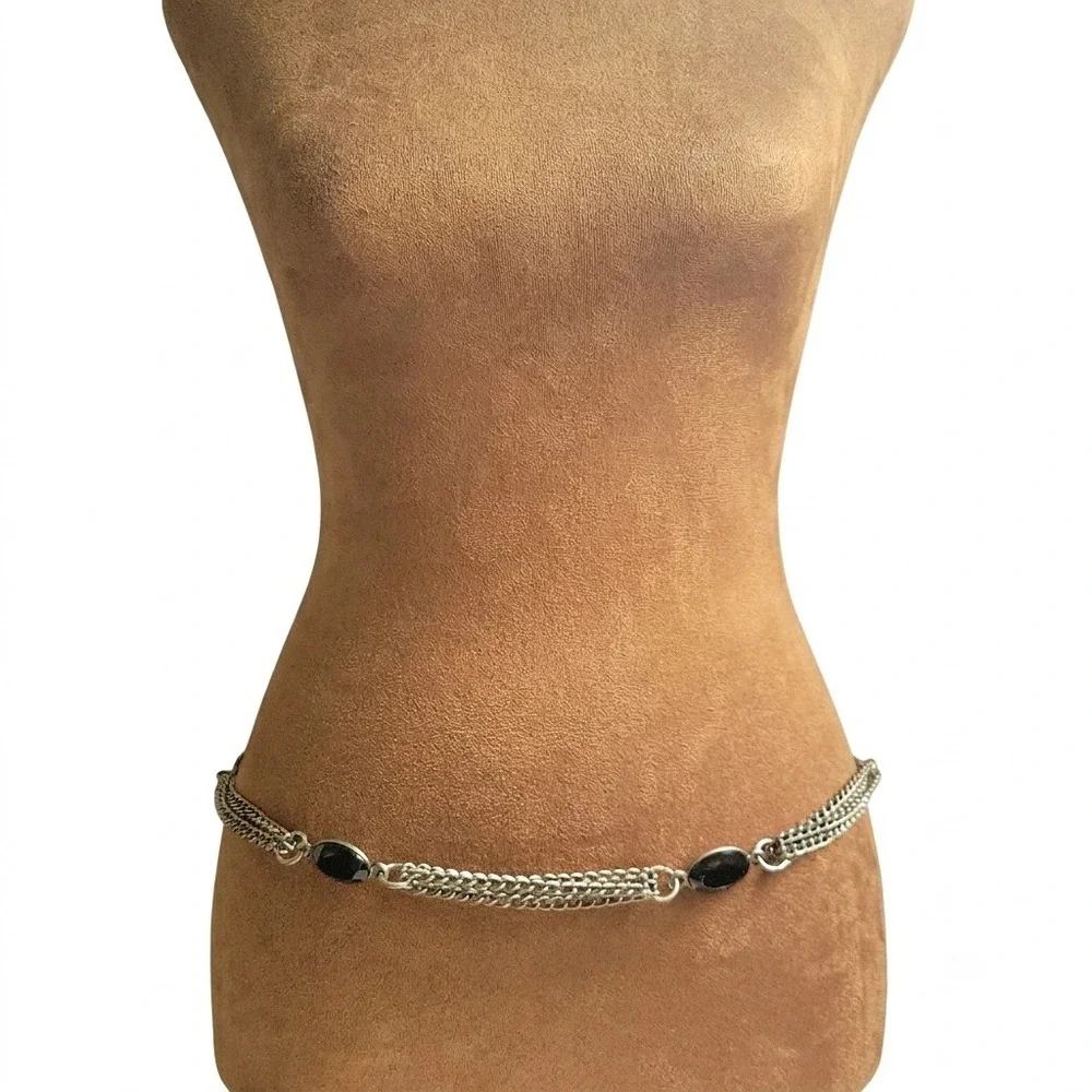 Simply Vera Silver Multi Strand Chain Belt with Black Stones 39 Inch Whimsigoth